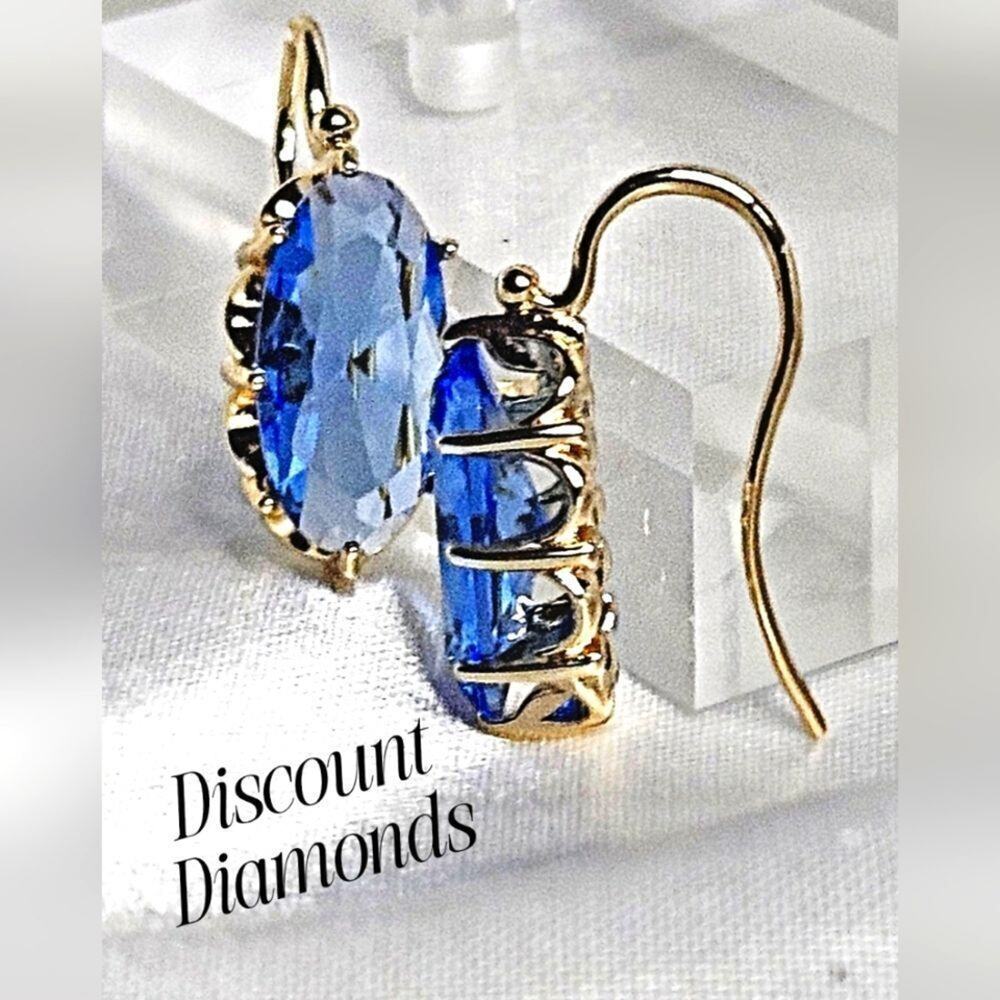 Blue Oval Diamond Hook Earrings 14K Gold on 925